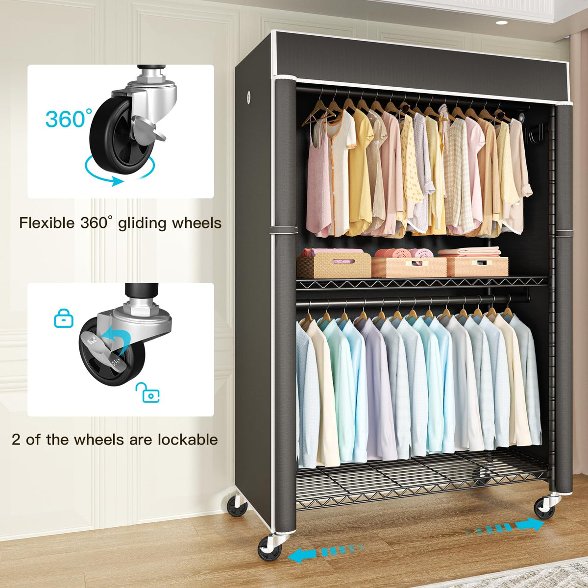 Black Clothing Rack with Black Cover, P1C Plus Rolling Closet