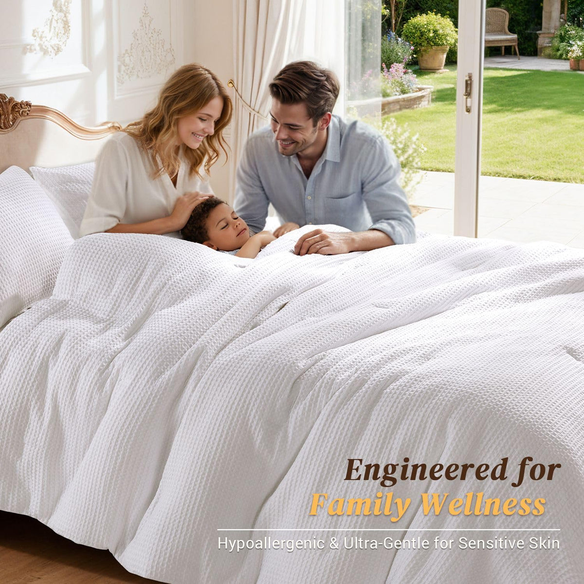Waffle Weave Comforter Set, Cozy Breathable 100% Cotton Shell