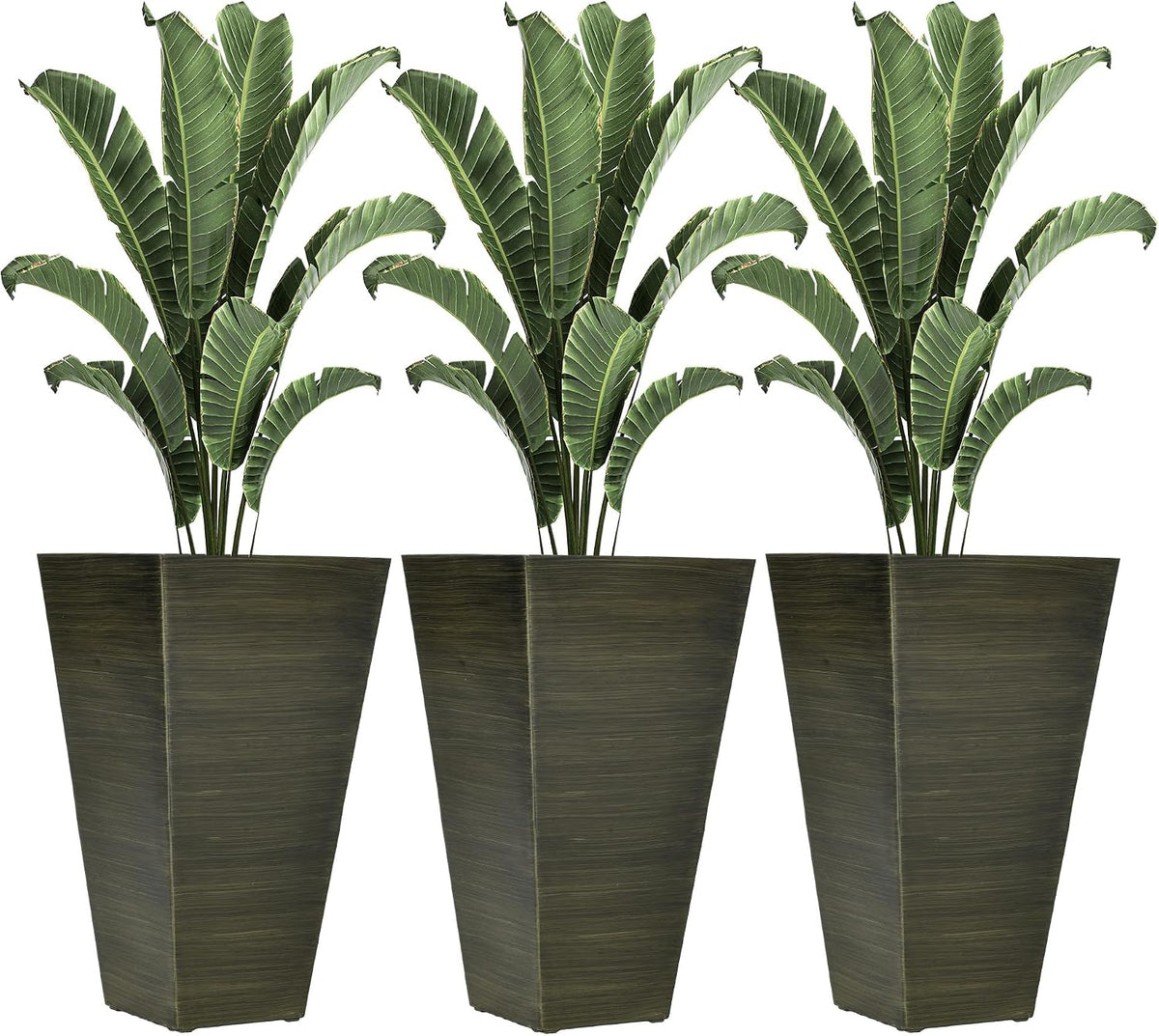 Outdoor Planters,Set of 3 Taper Planters with Drainage Holes and Plug,Faux Wood Flower Pots for