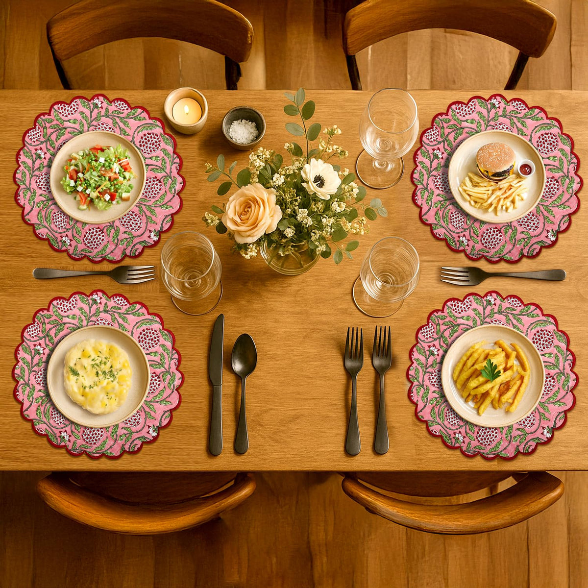 Floral Block Print Round Placemats 15 Inch, Set of 4, Strawberry Pink