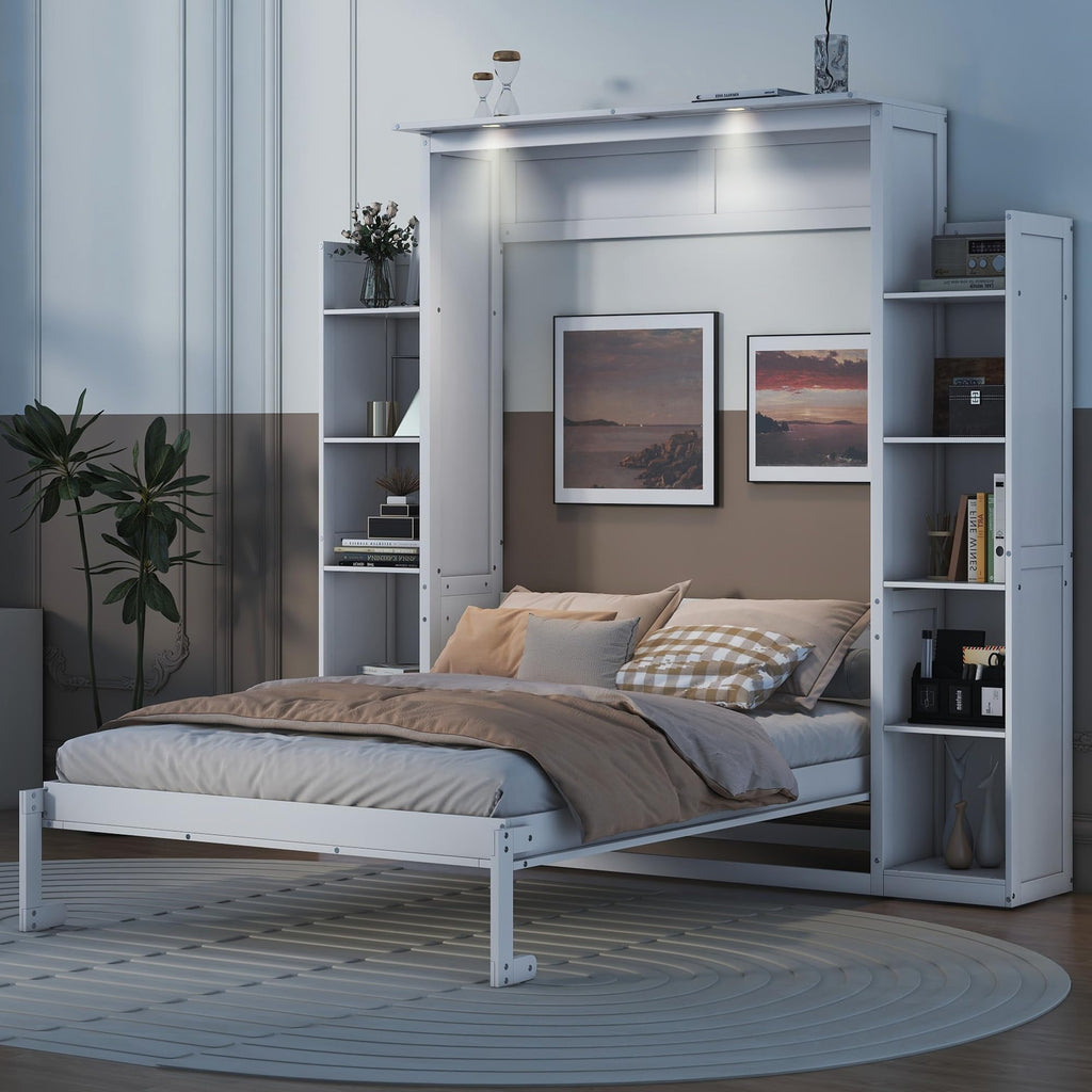 Full Size Murphy Bed, Wooden Full Wall Bed with Shelves and LED Lights, White
