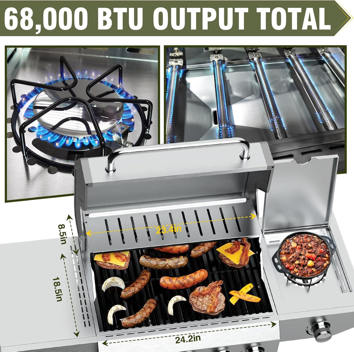5+1 Burner Propane Gas Grill, 68,000 BTU Stainless Steel BBQ with Cast Iron Grates, Side Burner, 647 Sq. In. Cooking Area and Oil-Drain Plates for Outdoor Cooking