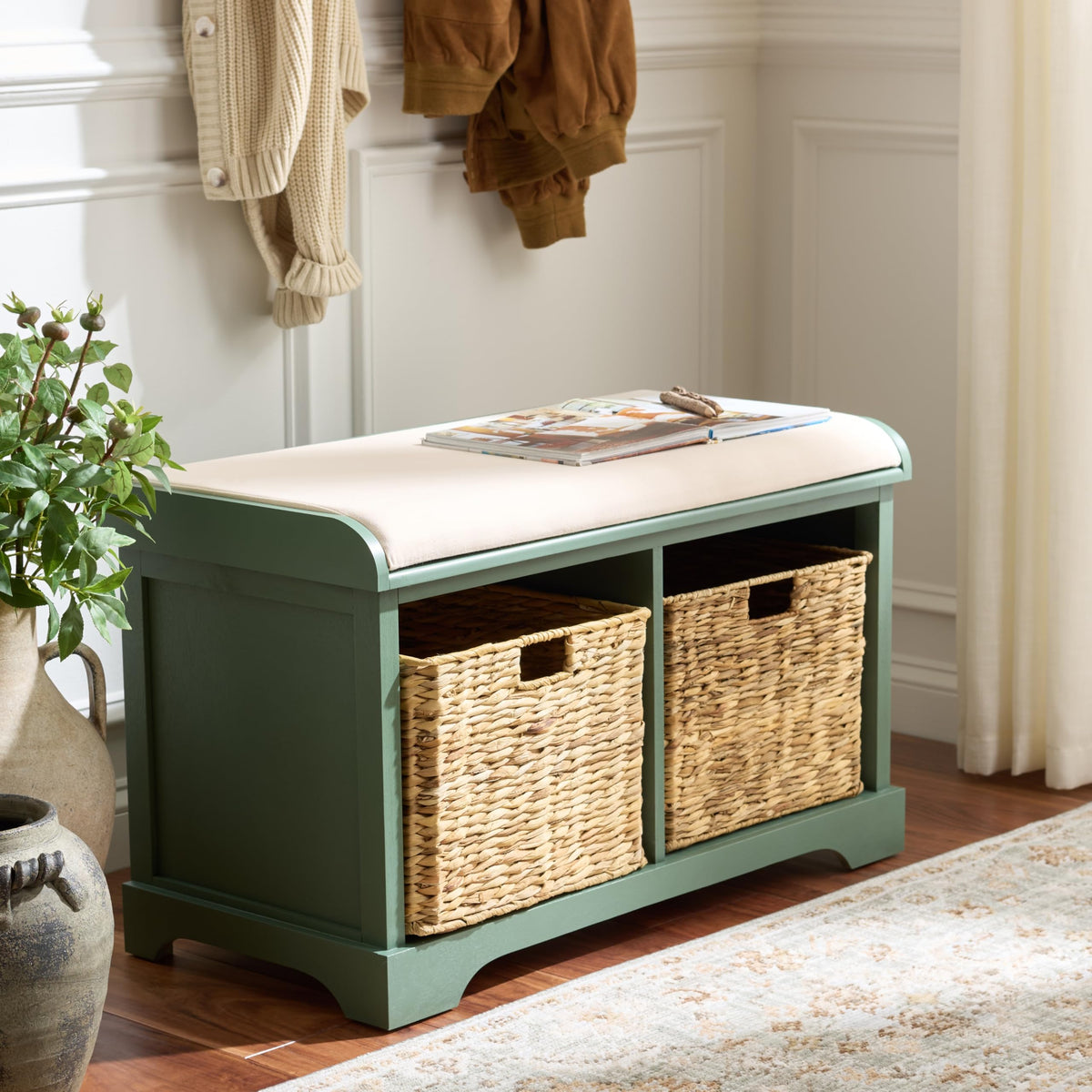 Freddy Wood Storage Bench, 33" Farmhouse Dusty Green
