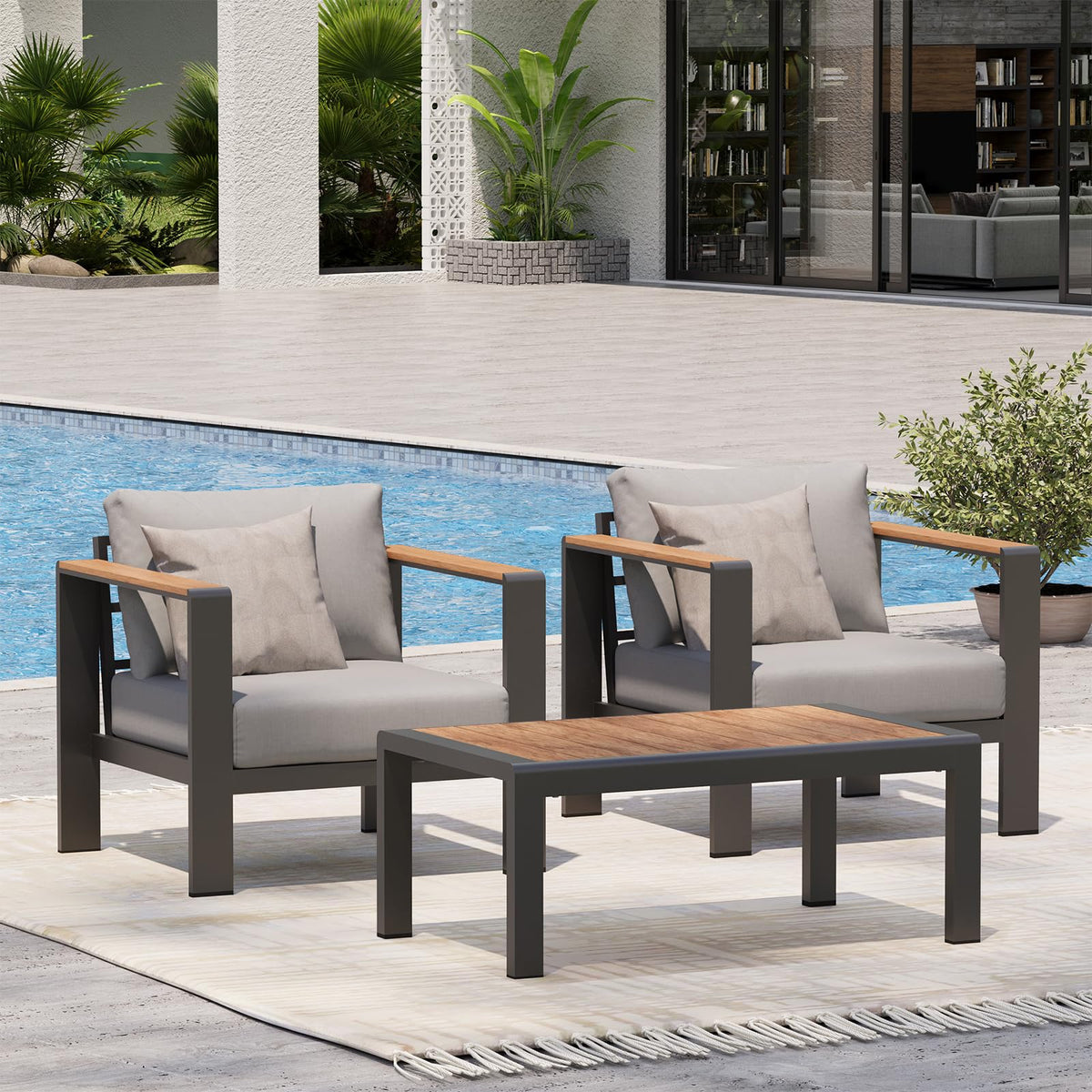 Aluminum Outdoor Sofa Bistro Set, 3 Piece Outdoor Patio Furniture Set with Washable Thick Cushion, Patio Sectional