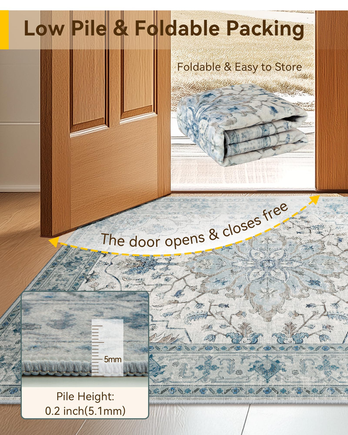 Washable Area Rug, Runner, Blue/White/Gray