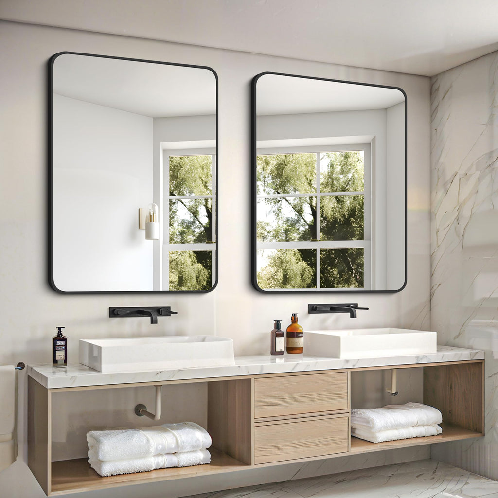 Bathroom Mirror 30" X 40", Large Rectangular Wall Mirror, Black Metal Framed Rounded Corner Wall Mounted Mirror