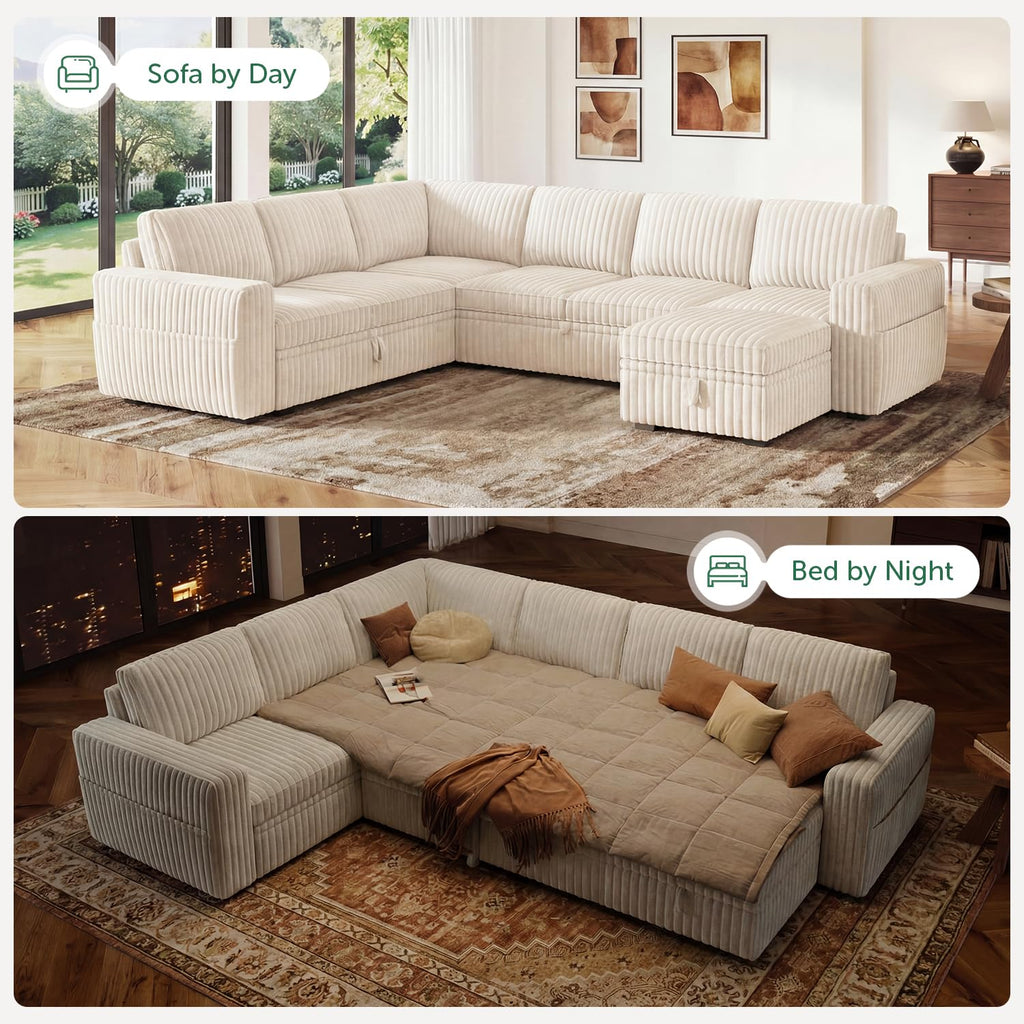 Corduroy U Shaped Sectional Sleeper Sofa with Pull Out Bed, Beige