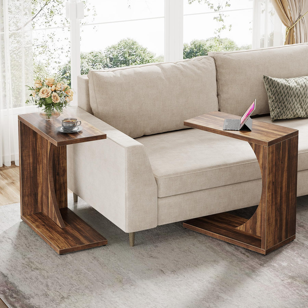 C-Shaped End Table for Couch, Sofa Side Table, C Table for Small Space, Living Room, Bedroom (1, Rustic Brown)