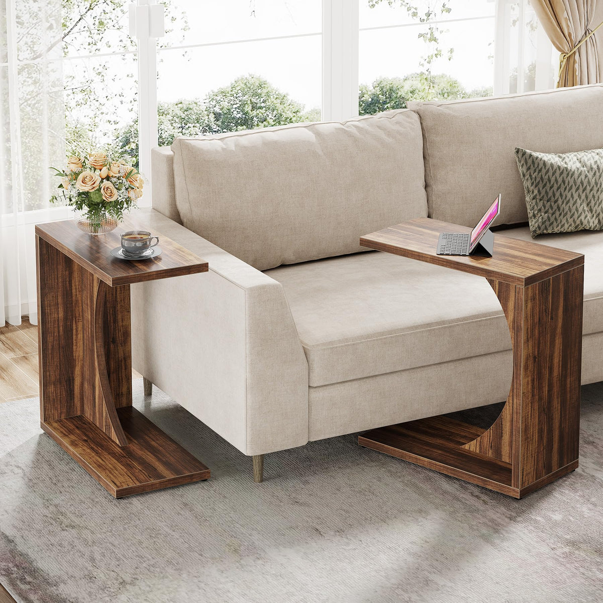 C-Shaped End Table for Couch, Sofa Side Table, C Table for Small Space, Living Room, Bedroom (1, Rustic Brown)