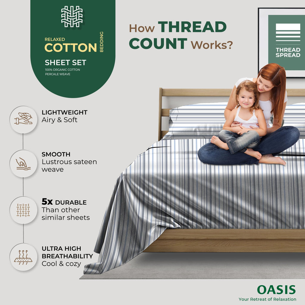 100% Organic Cotton Sheets - Organic Cotton Percale Sheet Set (4 PC, Variegated Stripe), Soft