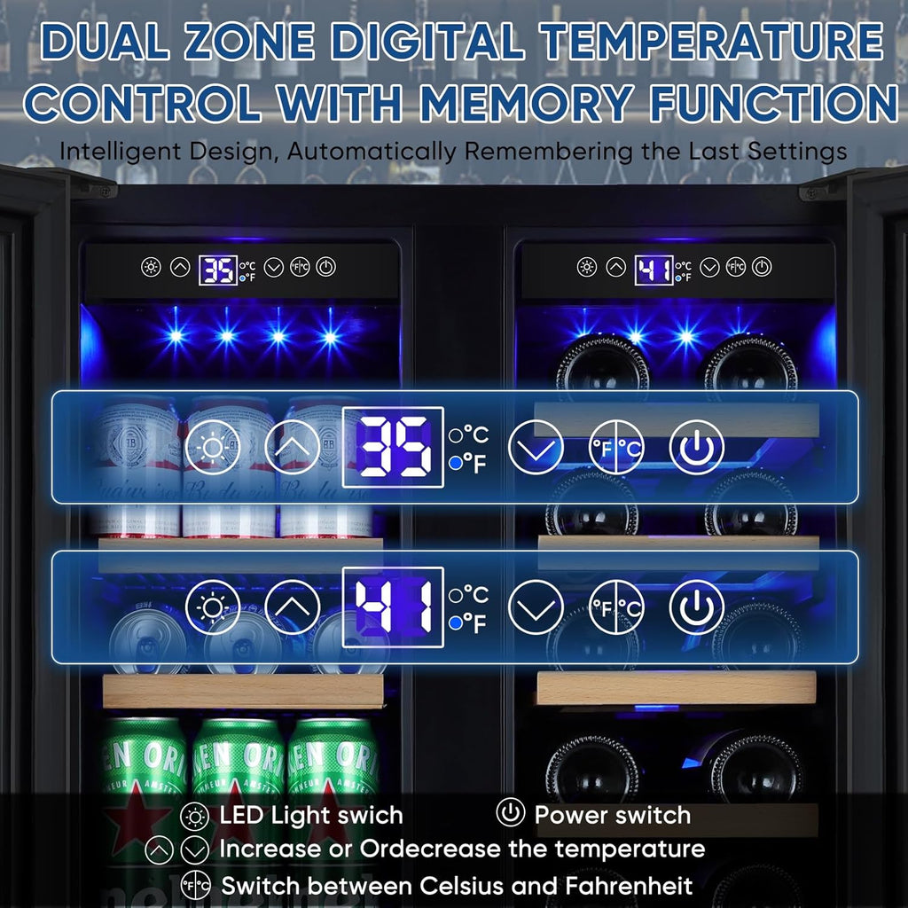 Wine and Beverage Refrigerator 24", Upgraded Dual Zone Wine Beverage Cooler with Glass Door and French Door