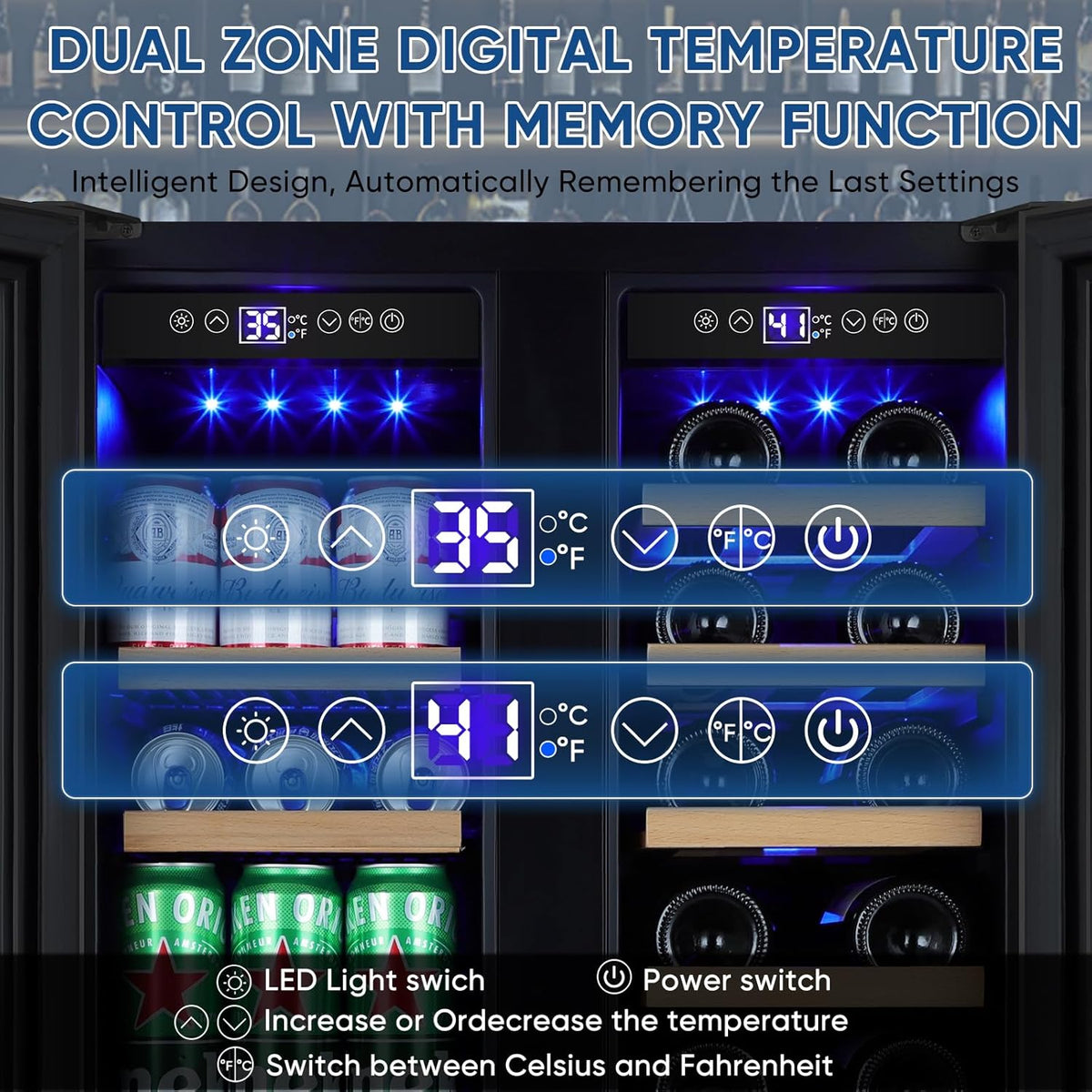 Wine and Beverage Refrigerator 24", Upgraded Dual Zone Wine Beverage Cooler with Glass Door and French Door