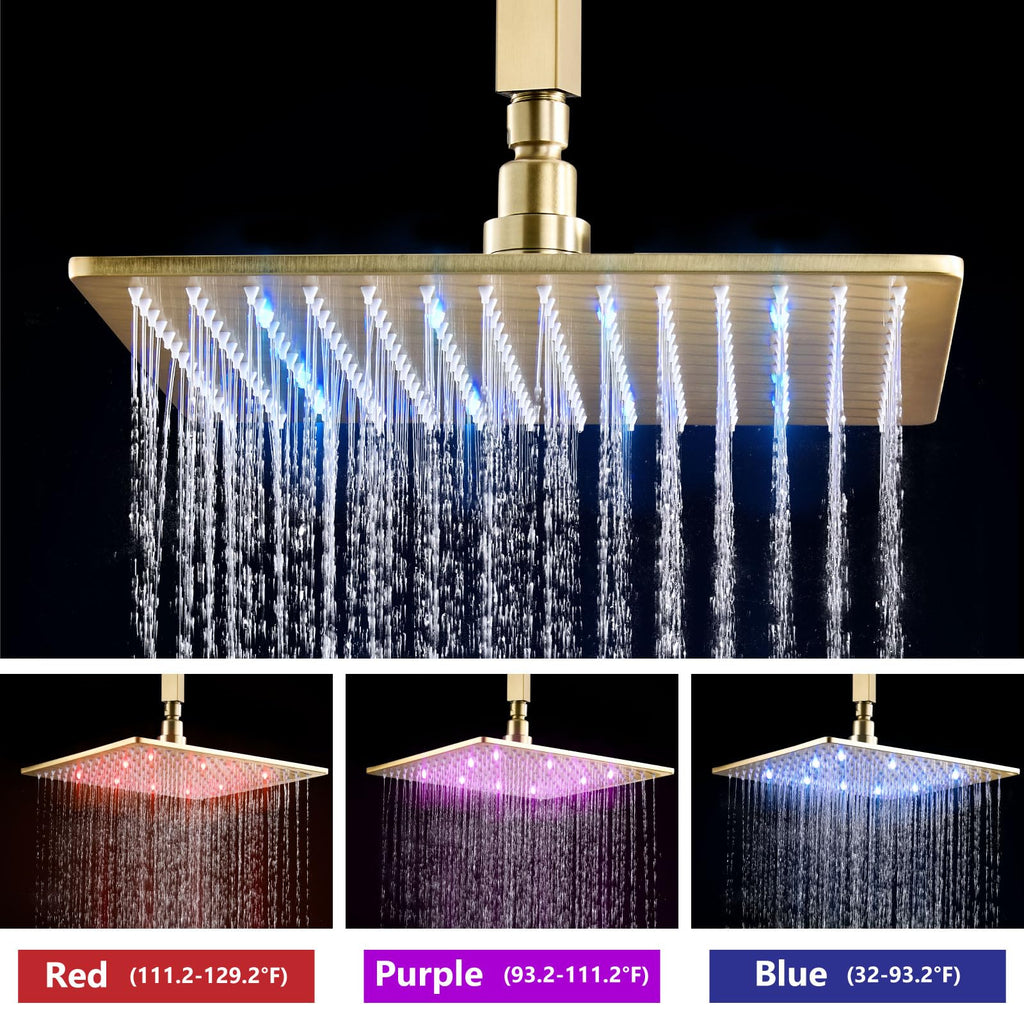 Ceiling Shower Faucet Set with Handheld 10" LED Head Brushed Gold