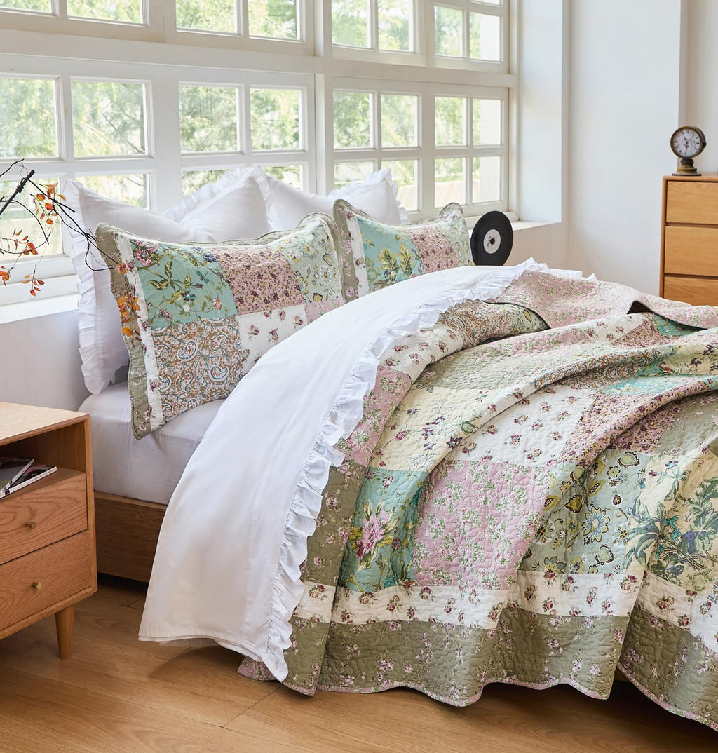 Green Patchwork Quilts Cotton Vintage Coverlet 3PC