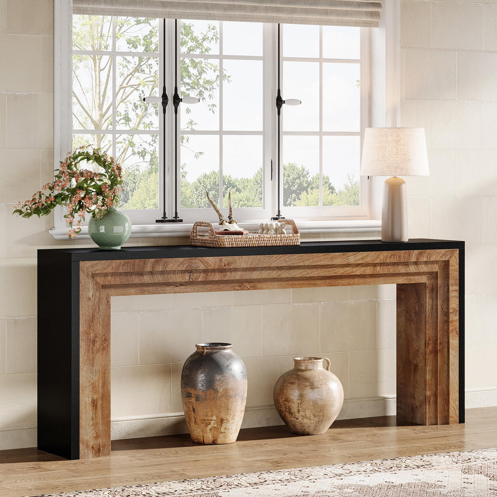 70.9-Inch Long Console Table, Farmhouse Narrow Wooden Sofa Table Behind The Couch, Foyer, Black + Natural Wood Color
