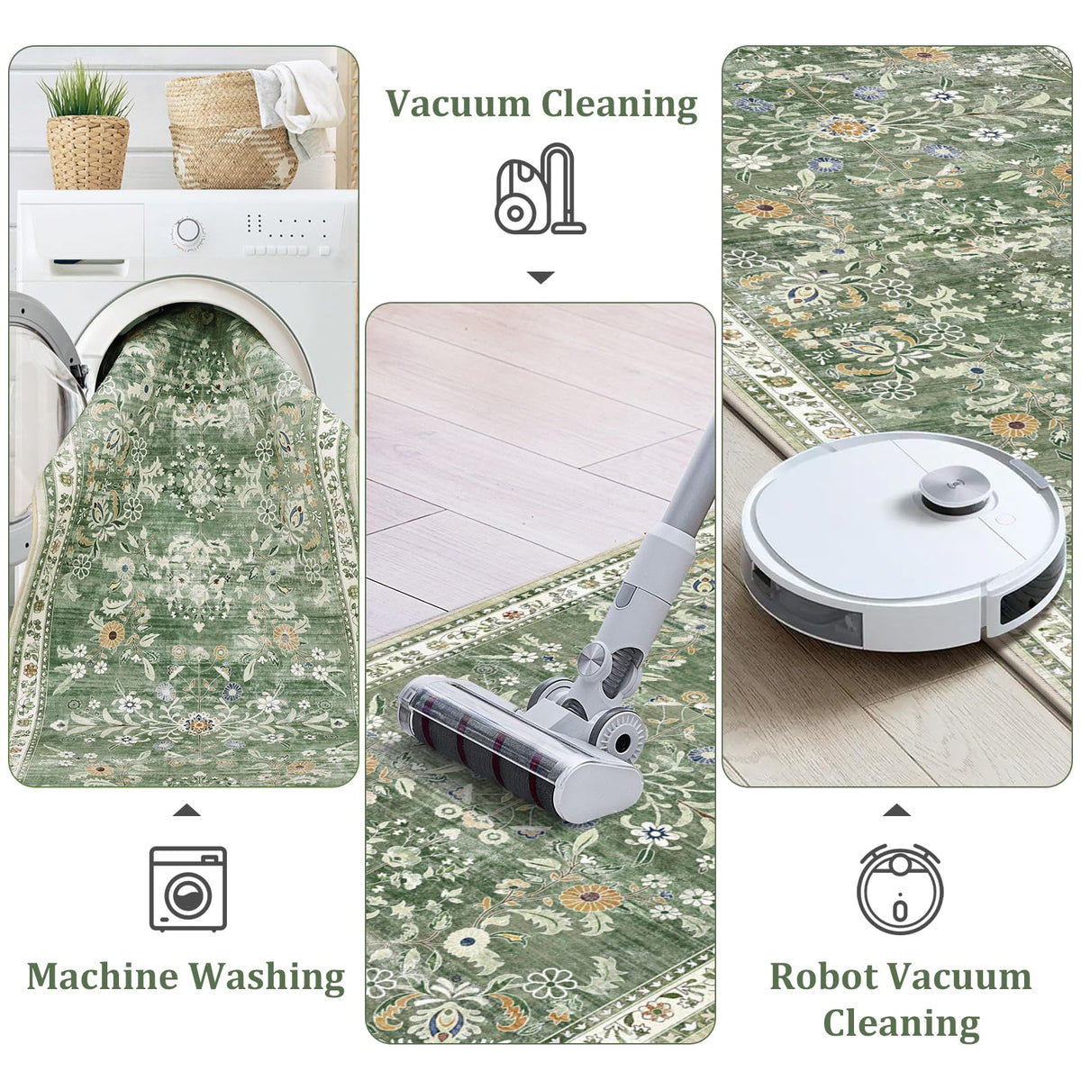 2x10 Washable Hallway Runner Rug Non Slip Floral Carpet, Sage Green