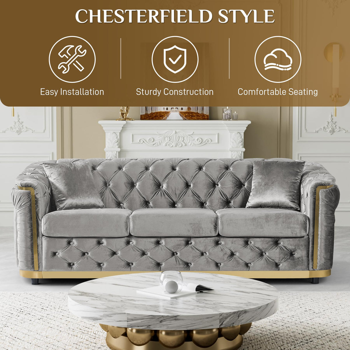 2-Piece 84.6" Sofa Set Chesterfield Tufted with Gold Legs, Grey