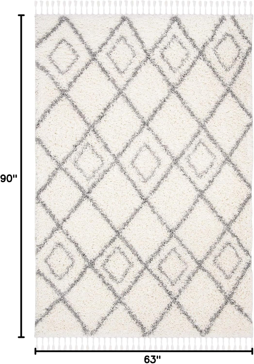 Moroccan Tassel Shag Collection Area Rug, Ivory & Light Grey, Boho, Non-Shedding & Easy Care, 1.5-inch
