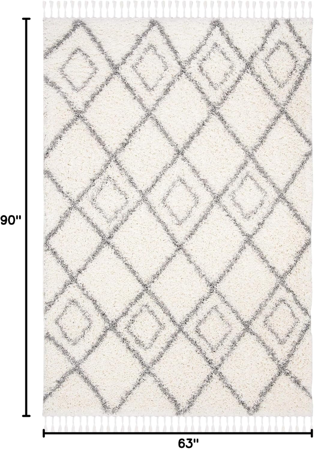 Moroccan Tassel Shag Collection Area Rug, Ivory & Light Grey, Boho, Non-Shedding & Easy Care, 1.5-inch