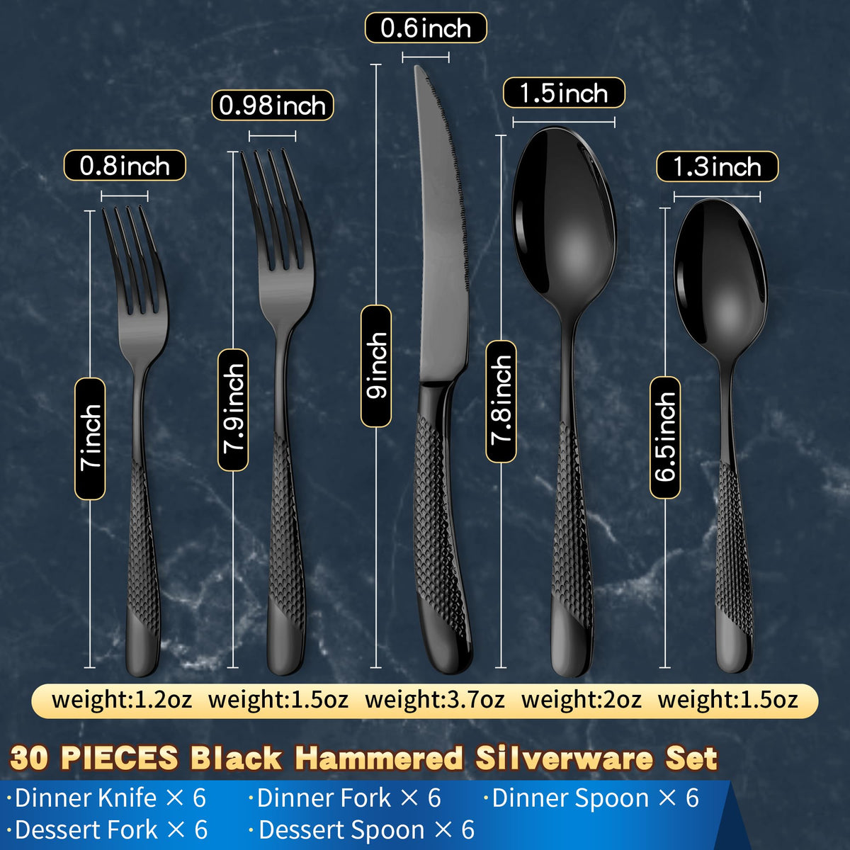 Hammered 30-Pieces Set Black Silverware Set for 6 with Serrated Forging Knives,18/10 Stainless Steel Modern Flatware