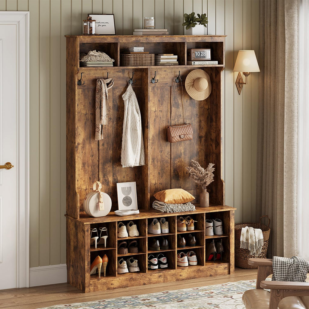 Hall Tree with Bench and Shoe Storage, 53" Farmhouse 4-in-1 Mudroom Storage Organizer with Coat Rack, 6 Hooks, 12