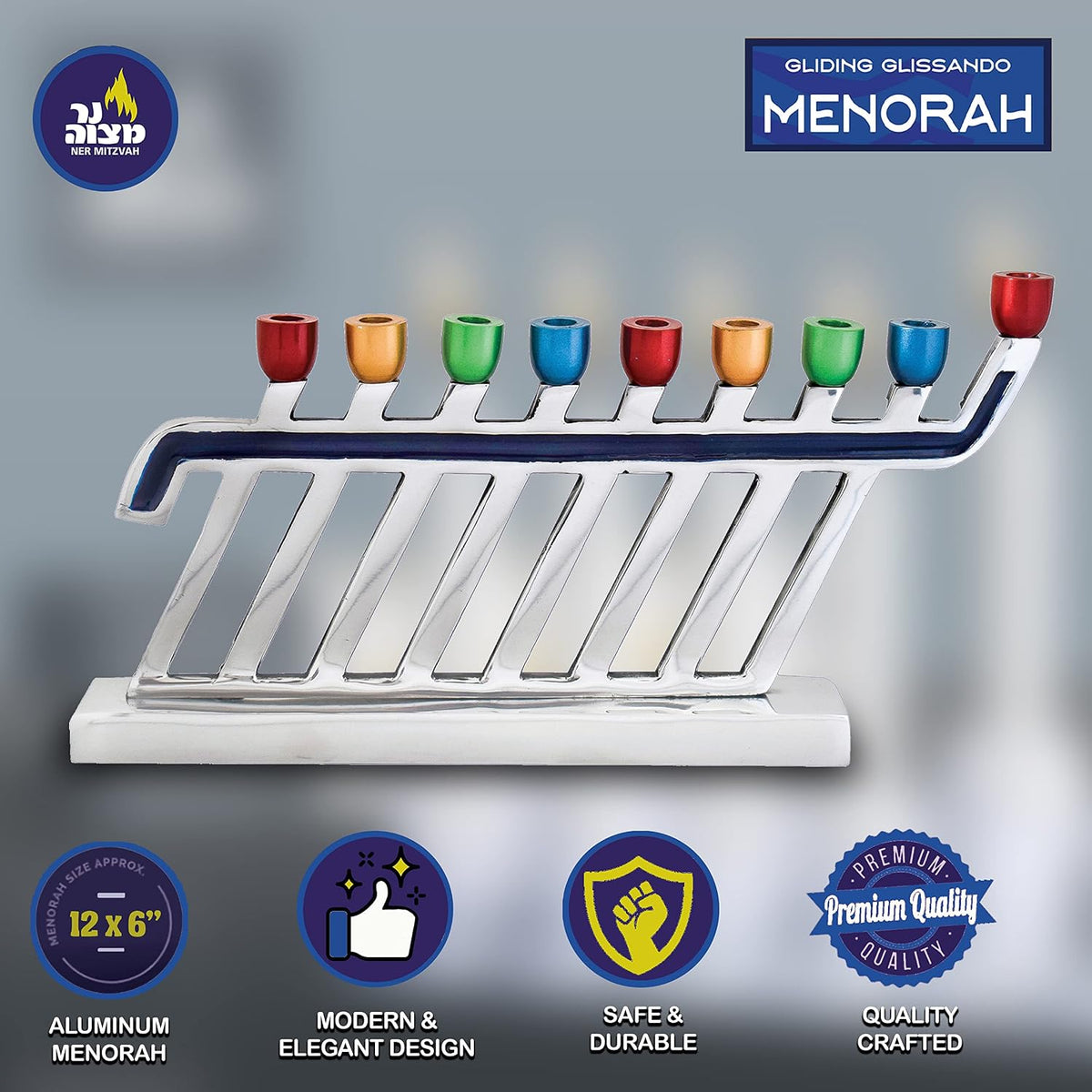 Aluminum Candle - Silverstone Multicolored Tip - Modern Decorative for Chanukah - Fits All Standard Chanukah Candles