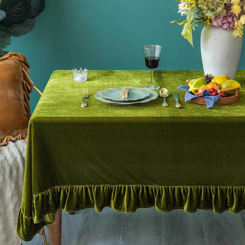 Velvet Tablecloth Luxurious Solid Rectangle Table Cloth, Oblong Retro Farmhouse Ruffle Tablecloths Washable Table