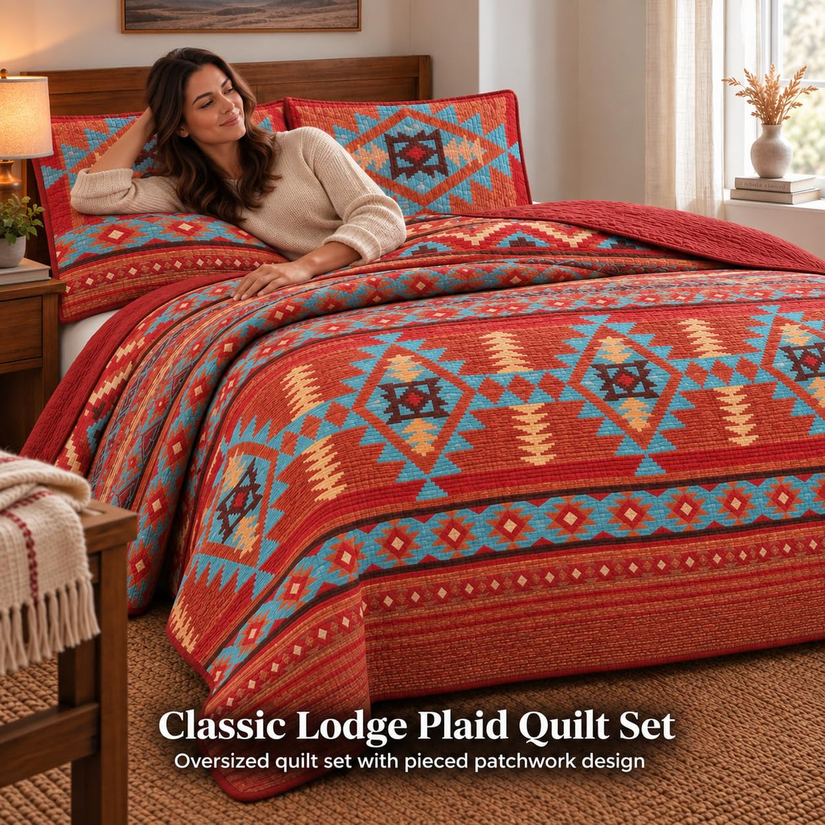 Rustic Western Southwestern Native American Indian Tribal Navajo Quilted Bedspread Set in Turquoise Red Burgundy