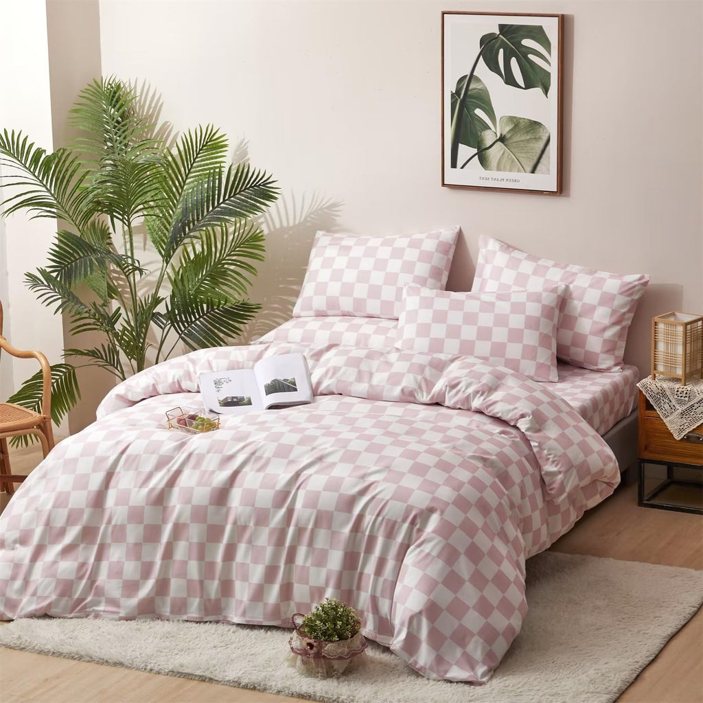 White and Pink Duvet Cover Plaid Checkerboard Bedding Set