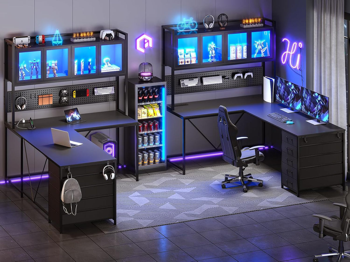 L Shaped Gaming Corner Desk with Drawers, Hutch and Storage Shelves