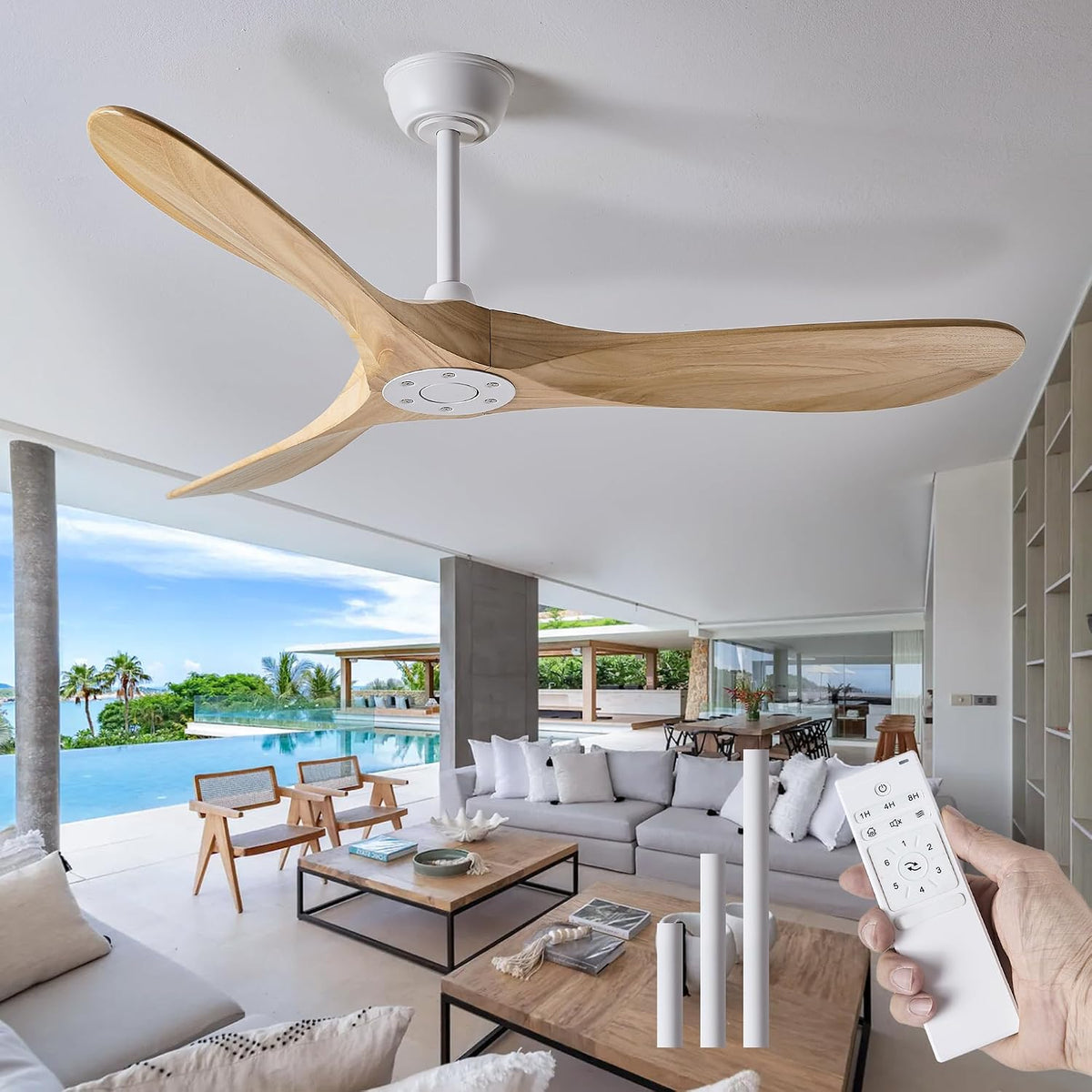 52-Inch White Ceiling Fan with Three Solid Wood Blades and No Light Kit