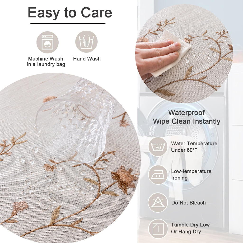 Linen Waterproof Tablecloth with Tassels, Rustic Farmhouse Flowers Embroidery Table Cloths for Rectangle Tables