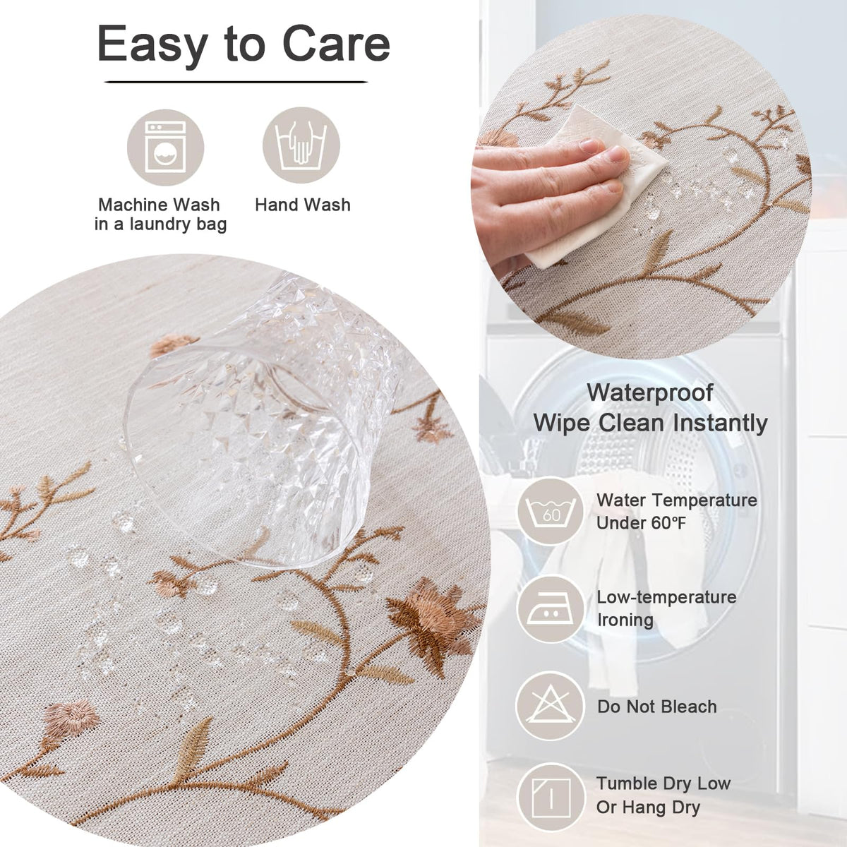Linen Waterproof Tablecloth with Tassels, Rustic Farmhouse Flowers Embroidery Table Cloths for Rectangle Tables