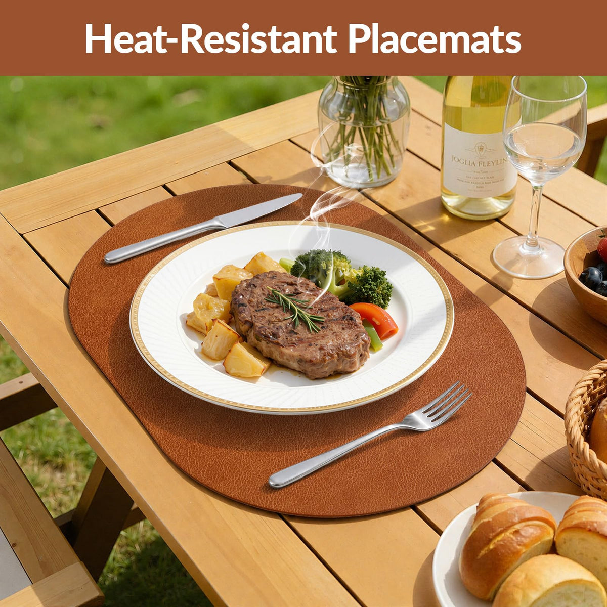 Heat Resistant Oval Placemats Set of 8 Non-Slip, Reddish Brown