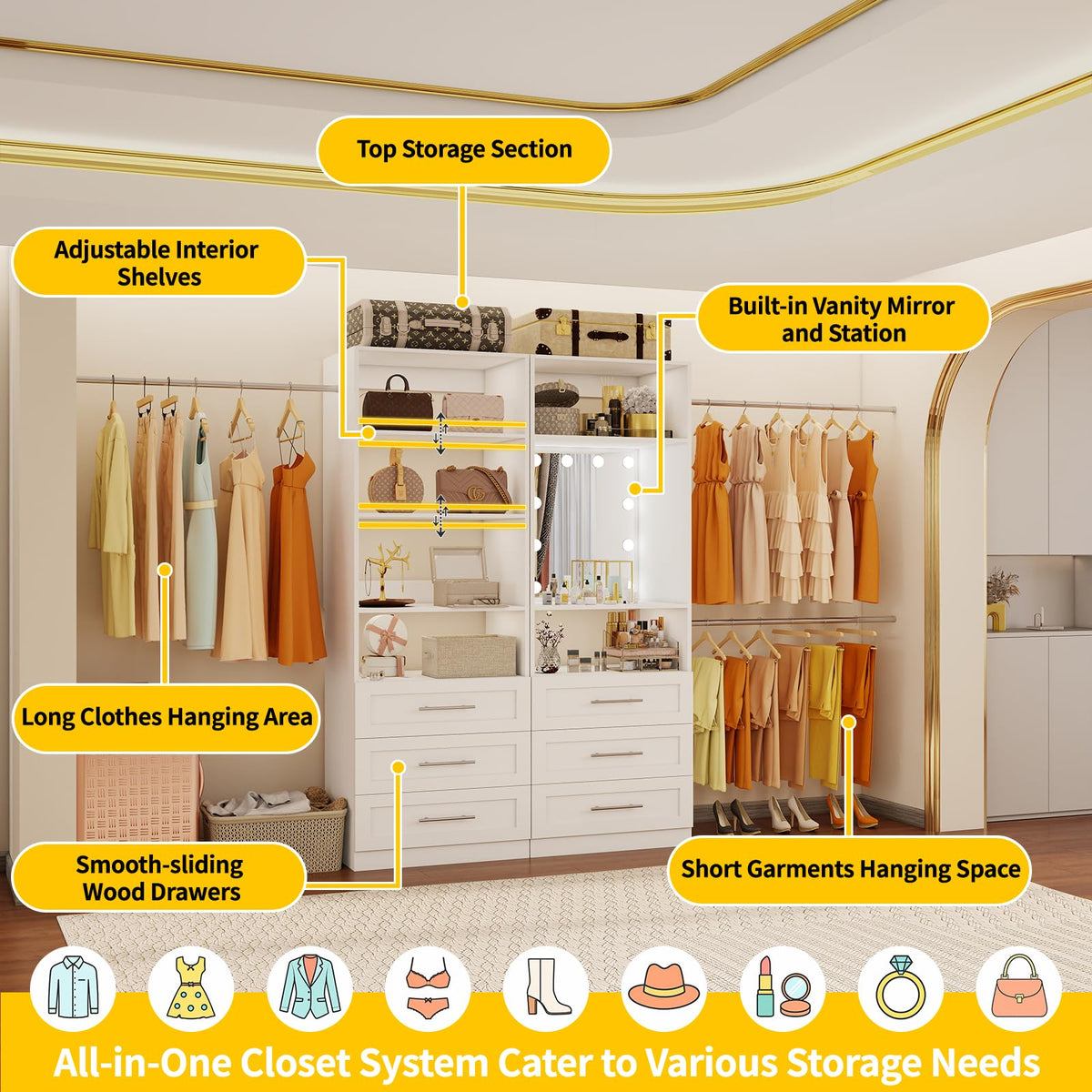Closet System with 6 Drawers & Mirror, 4-12FT Closet Organizer System with 6 Shelves, 5 Hanging Rods & Light, Modular