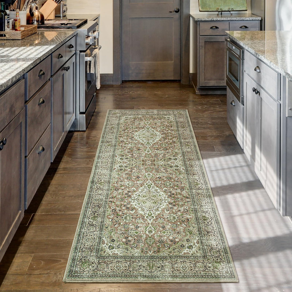 Washable Runner Rug, Sage Green Rugs Non Slip, Indoor Low Pile Carpet with Rubber Backing Kitchen Bathroom