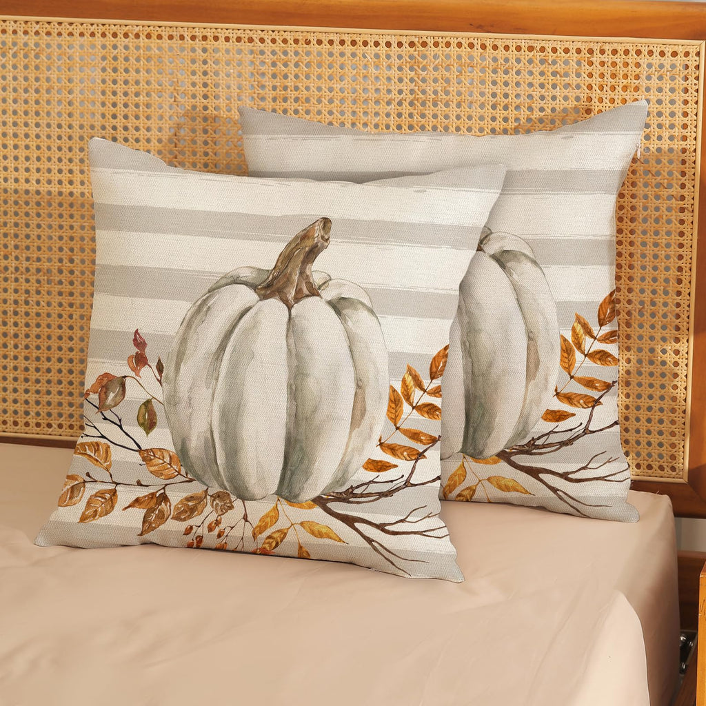 Fall Pillow Covers 24x24 Set of 2 Pumpkin Leaf Branch and Stripes Fall Decor Pillowcase Linen Autumn Thanksgiving