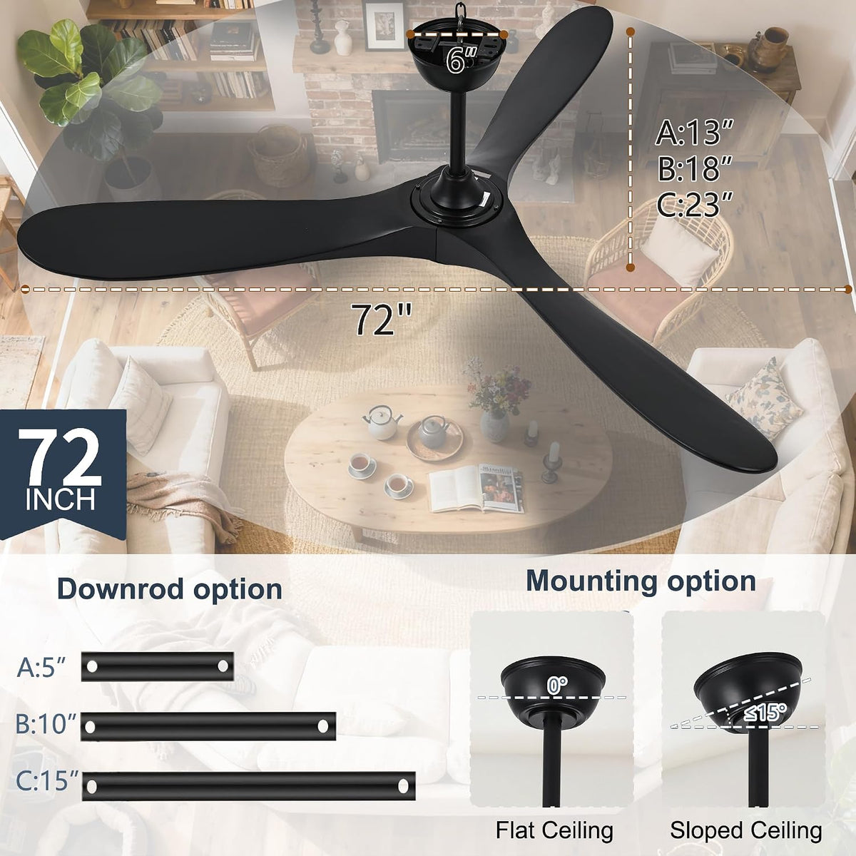 72" Black Indoor/Outdoor Ceiling Fan with Remote, No Light