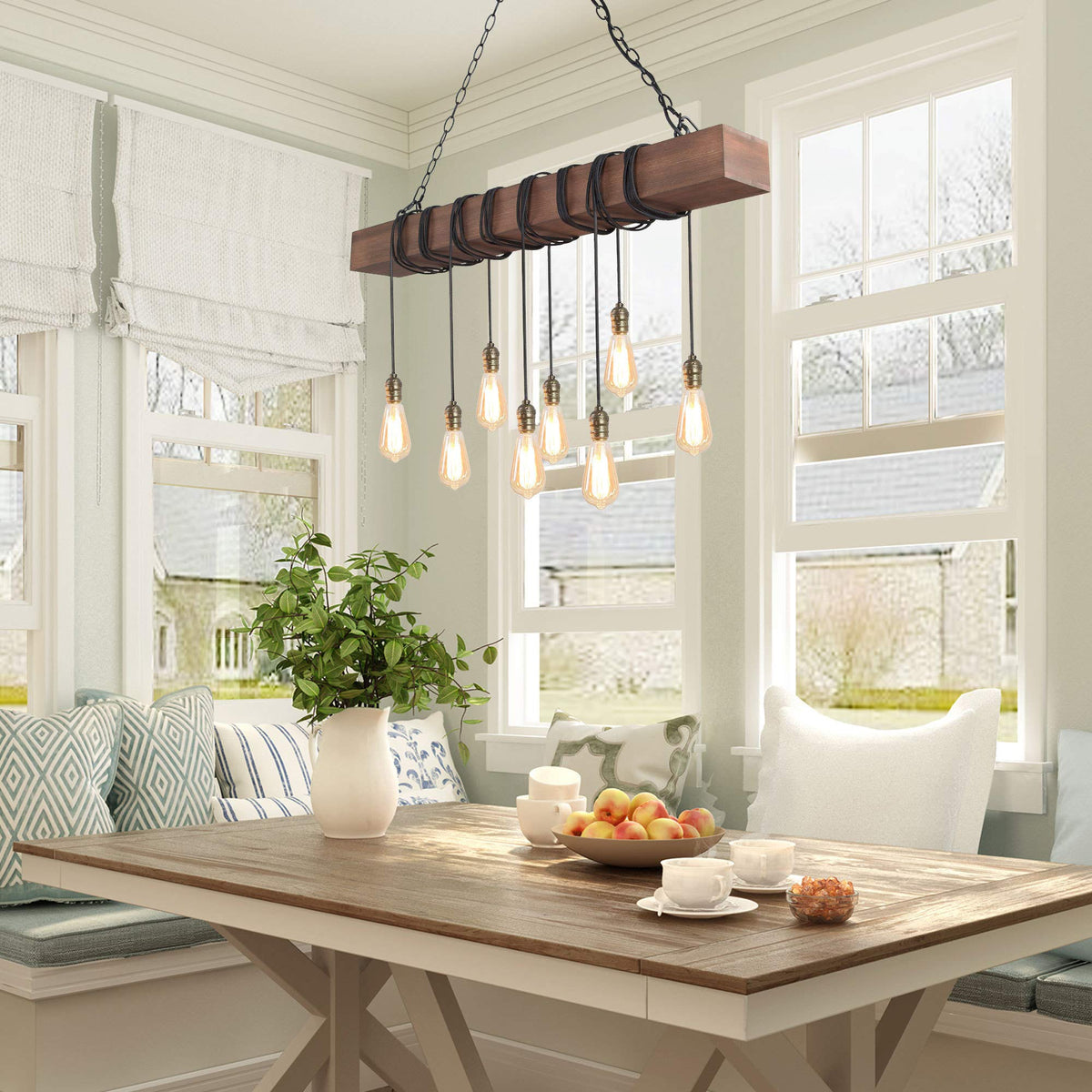 8-Light Wood Farmhouse Rectangular Chandelier