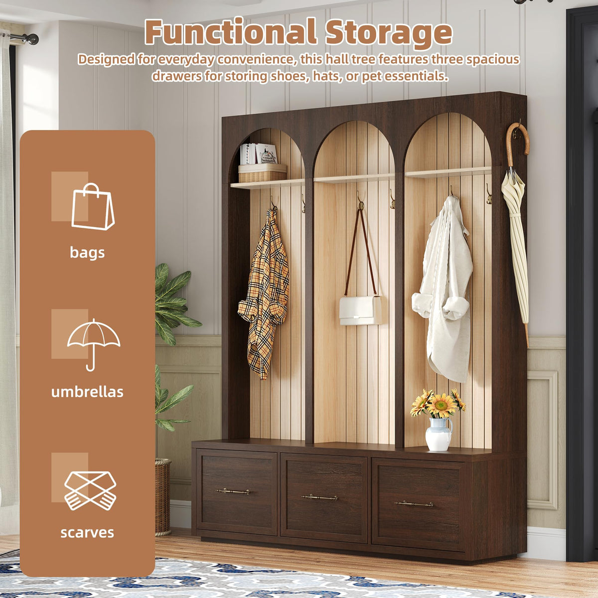 Farmhouse Wood Hall Tree with Shoe Bench and 3 Drawers, 4-in-1 Entryway Coat Rack with 8 Hooks for Entrance, Hallway