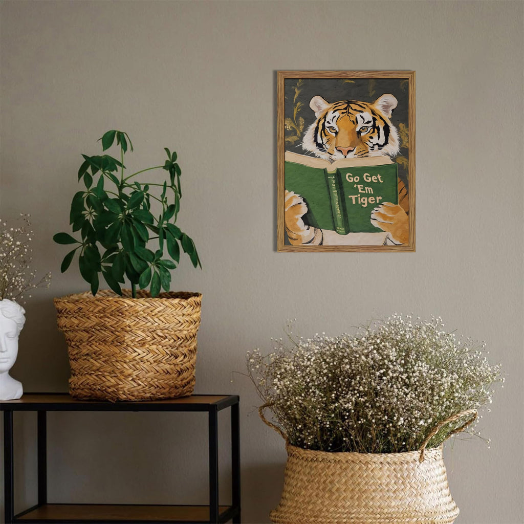 Framed Tiger Canvas Wall Art, Motivational Tigers Reading Poster Print, Humorous Bookworm Pictures Wall Decor