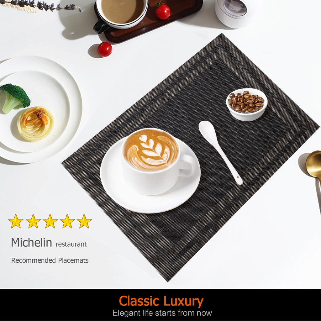 Black Gold Vinyl Placemats Set of 12, Heat Resistant Table Placemats