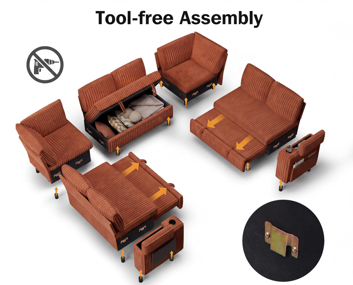 111" Modular Sectional Sleeper Sofa with Pull Out Bed, 8 Seat Plush Corduroy U Shaped Couch with Storage Chaise|USB