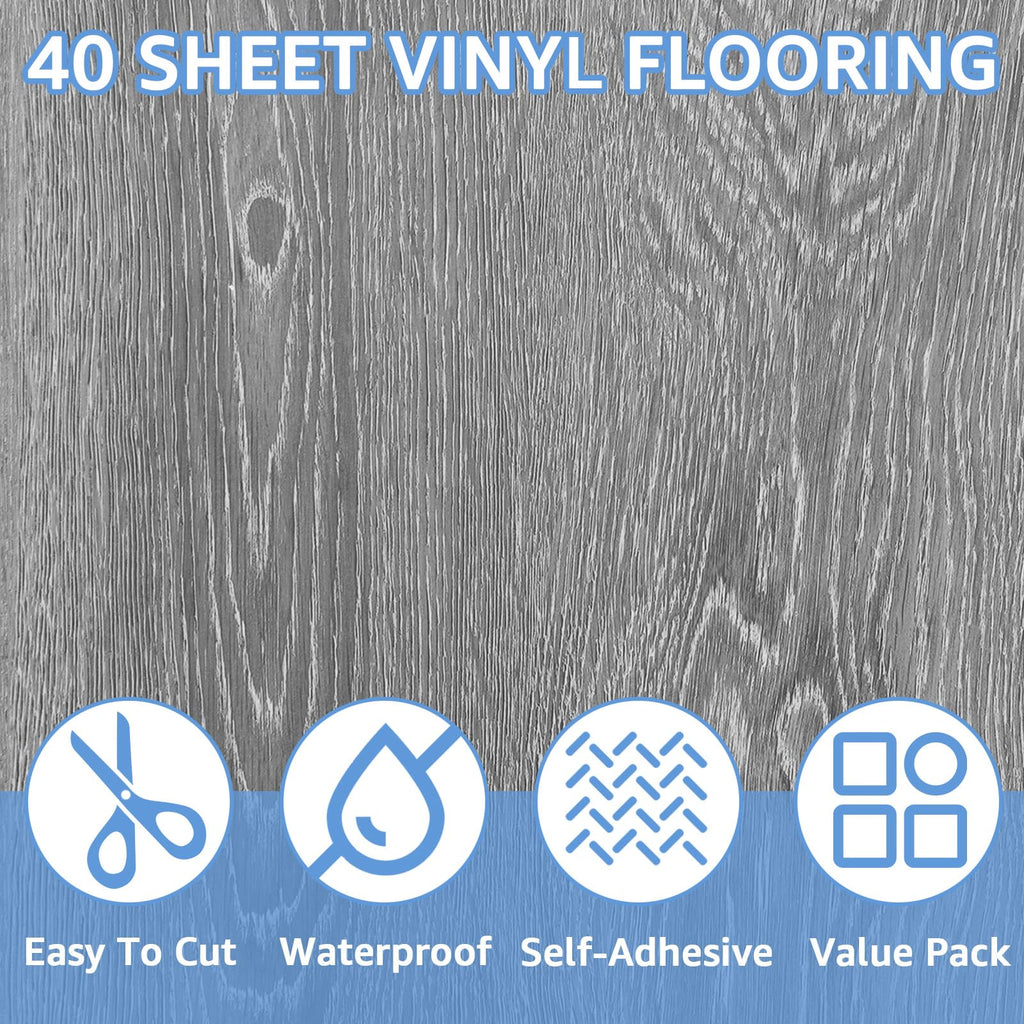 40 Sheet Vinyl Flooring 12 x 12 Peel and Stick Floor Tile Waterproof Clearance Vinyl Floor Tiles Wood Grey Self
