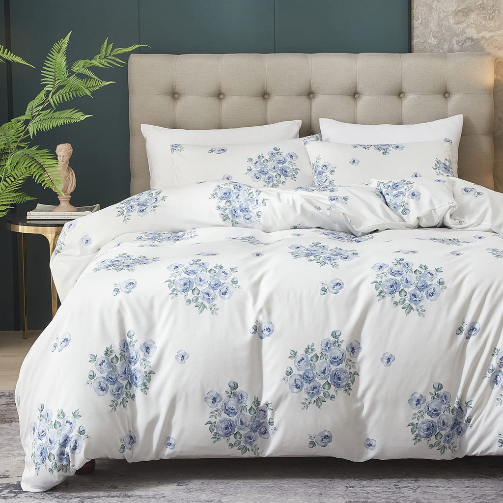 Blue Rose Floral Duvet Cover, Blue and White Farmhouse