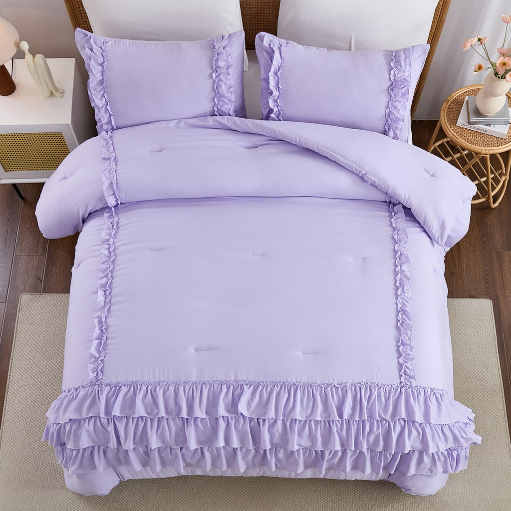 Light Purple Comforter Set King Size, Waterfall Ruffle Shabby Chic Bedding Set, Soft Fluffy Boho Comforter Set for All