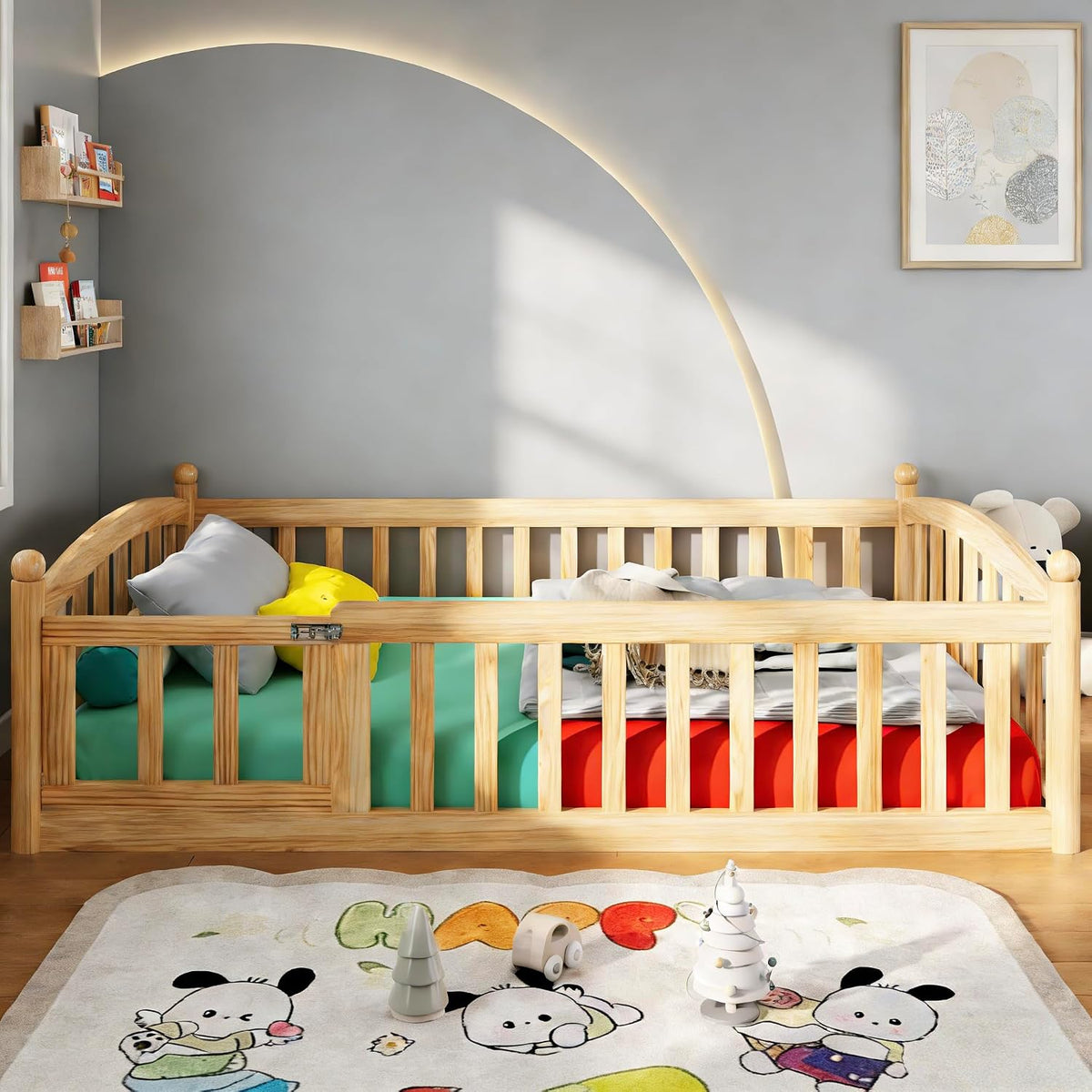 Twin Size Montessori Floor Bed with Door and Safety Guardrail, Solid Wood Low Profile Bed Frame with Slats, Easy