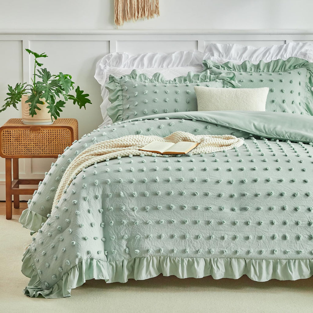 Tufted Dots Ruffle Comforter Set, 3 Pieces Sage Green Vintage Farmhouse Shabby Chic Comforters, Jacquard