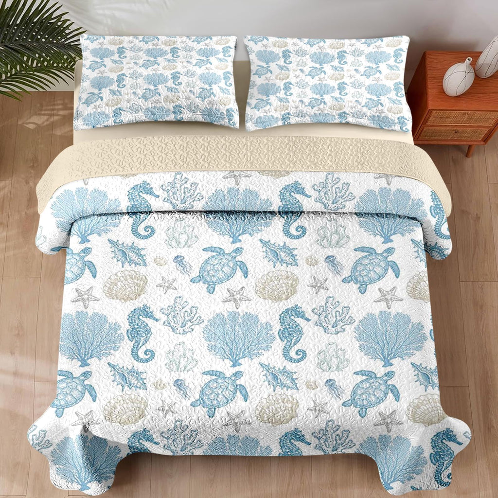 Quilt Set, 3 Pieces Sea Shell Coral Bedding, Bedspread