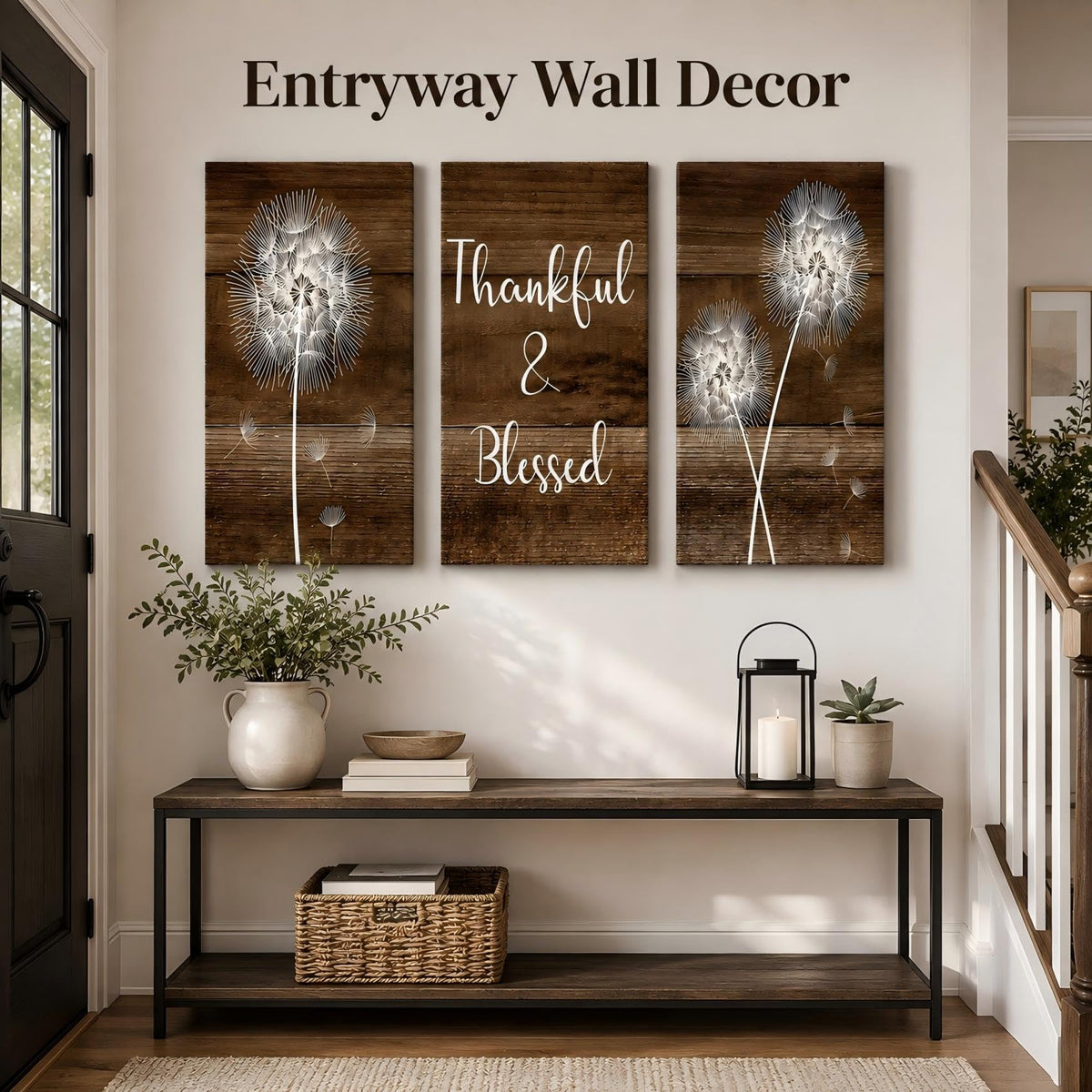 Thankful & Blessed Dandelion Framed 3‐Piece Canvas Wall Art, Rustic Wooden Plank Background Floral Typography Canvas